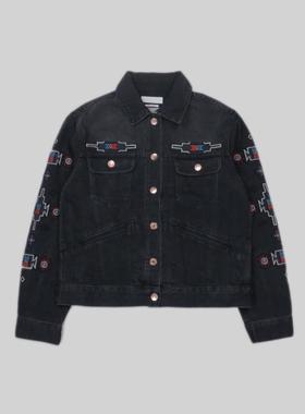 刁蛮公主  女士炭黑色趣味重针车花全开襟扣钮式牛仔夹克/外套2区