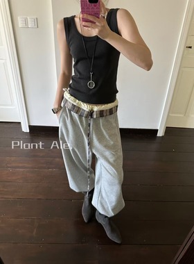 Plant ale秋新款韩代百搭格子拼接卫裤休闲裤女松紧腰显瘦
