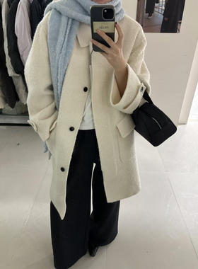Etoile韩国东大门2024中长款羊毛外套翻领女颗粒羊毛羊驼绒大