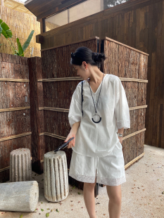 套装 加短裤 V领亚麻透气小衫 278夏上新SOUL极简主义刺绣工艺短袖