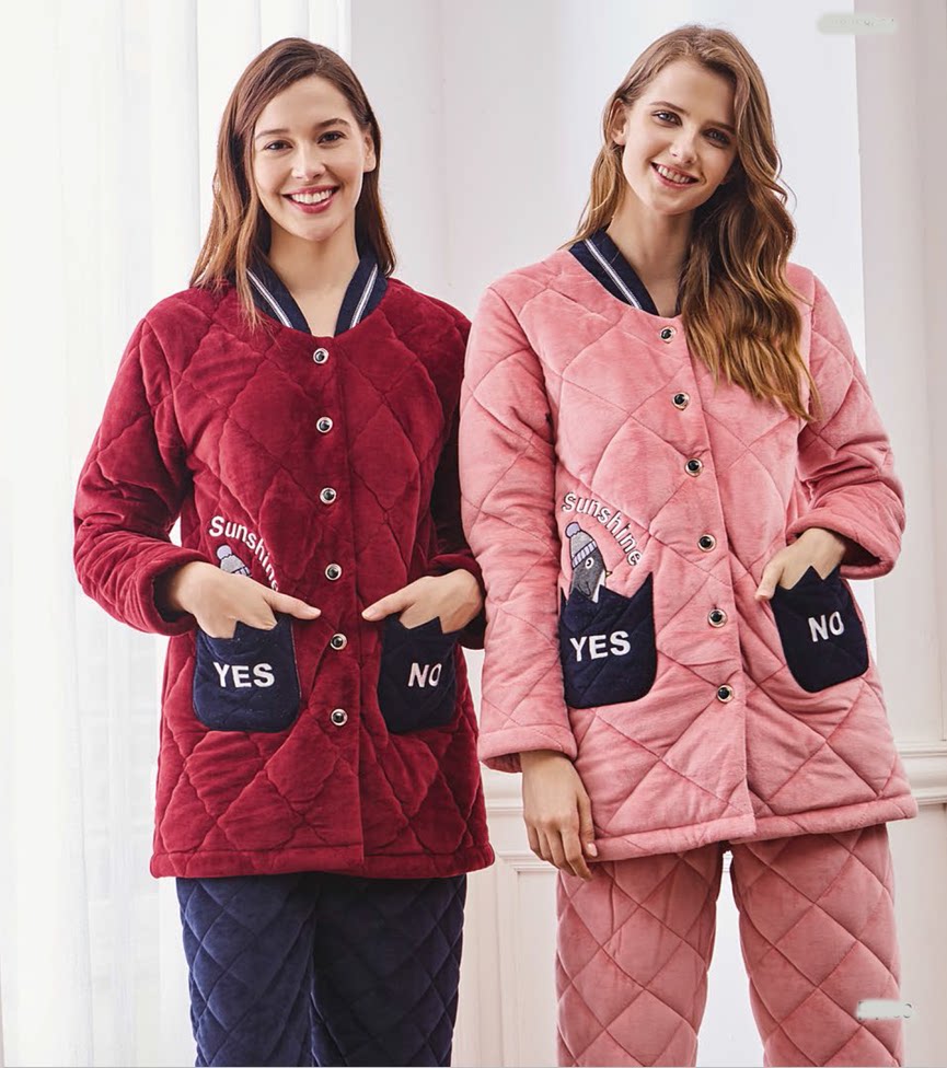 芬腾睡衣女冬款加厚珊瑚绒夹棉保暖棉袄长袖长裤简约休闲家居服套