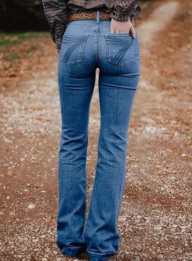 欧美女式弹力牛仔裤刺绣微喇叭修身长裤蓝色灰色WOMEN JEANS