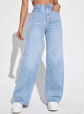 欧美女士牛仔裤女高腰修身直筒牛仔长裤