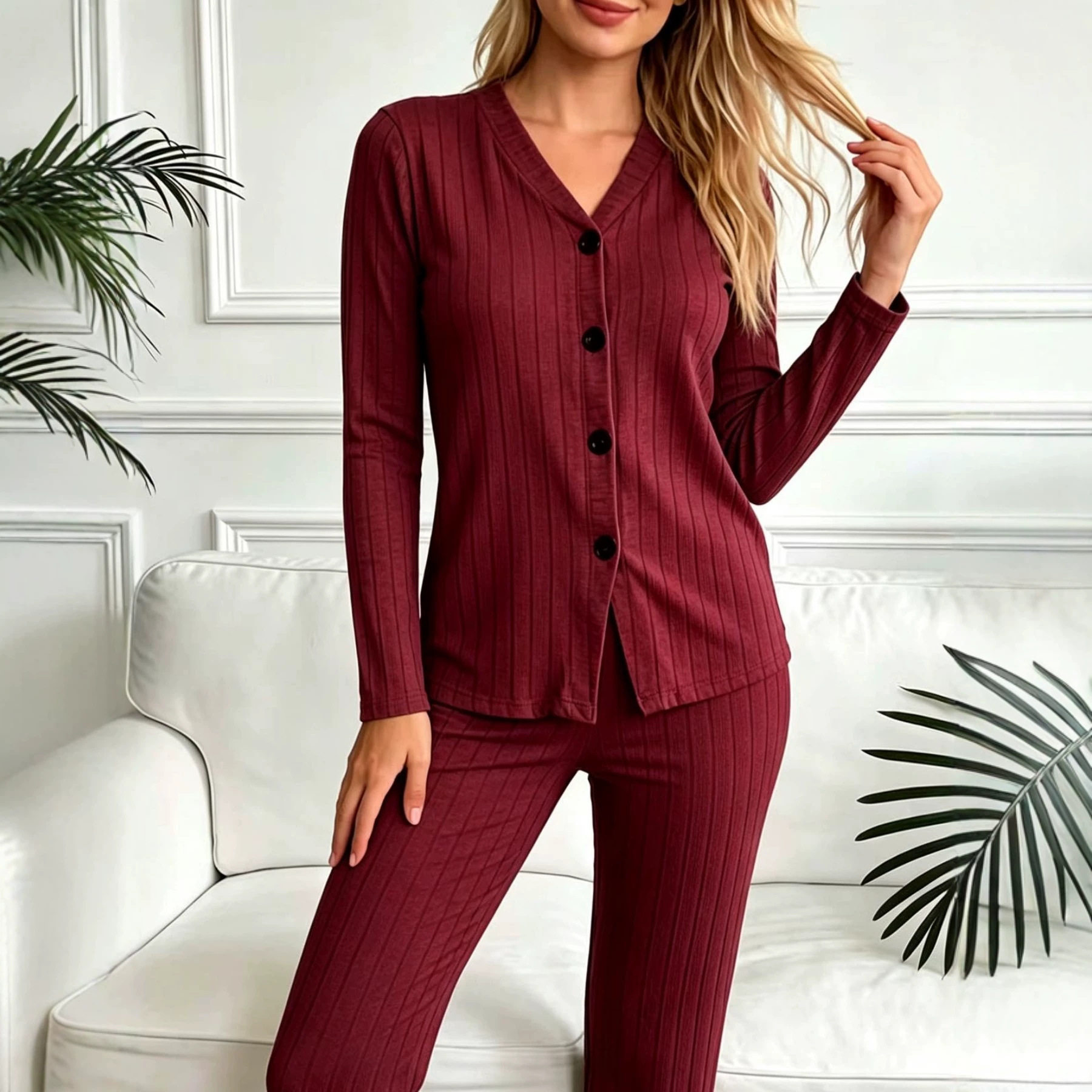 欧美简约长袖休闲家居服套装