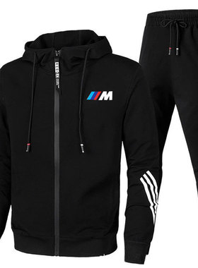 2023男士运动服休闲套装连帽开衫卫衣修身拼条套装