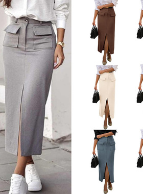 欧美女式性感气质办公室休闲口袋开衩包臀裙紧身半身裙