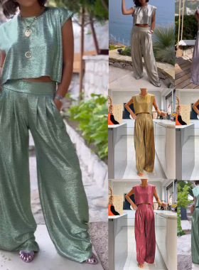 2024季女装女式休闲光面背心阔腿裤两件套装