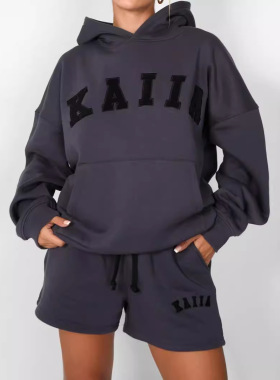 欧美时尚潮牌运动舒适LOGO绣花连帽卫衣短裤两件套