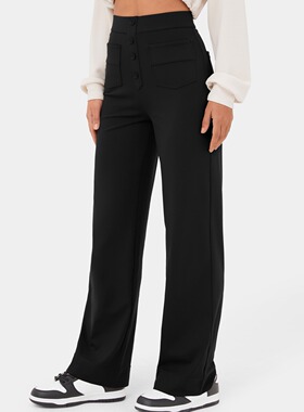 欧美外贸女装亚马逊2024新款女士高腰纽扣多口袋直筒休闲裤高弹力