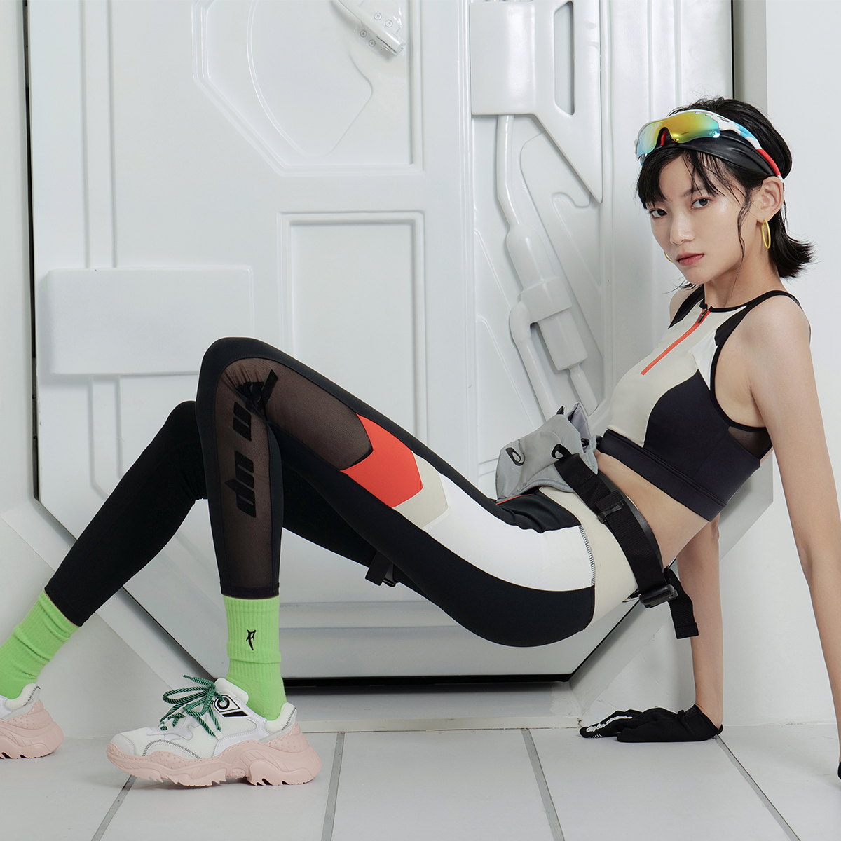 tufn运动健身裤女网纱拼接紧身裤高腰提臀速干瑜伽跑步长裤套装