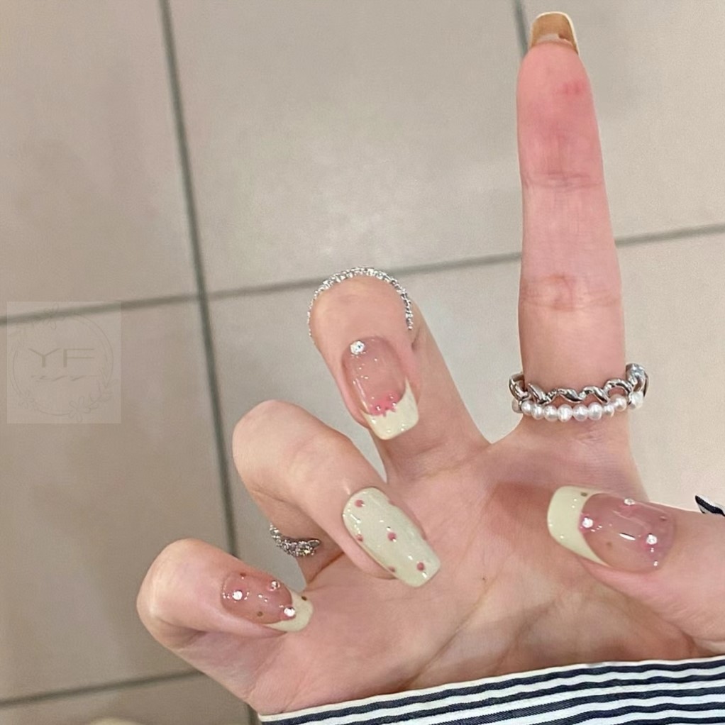 纯手工光疗甲奶白色法式美甲波点美甲蝴蝶结穿戴甲可爱少女心美甲