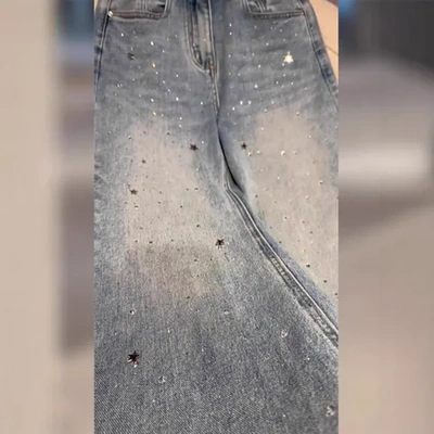 牛仔裤秋季新款高级感长裤重工百搭直筒胖mm高腰小个子女烫钻显瘦