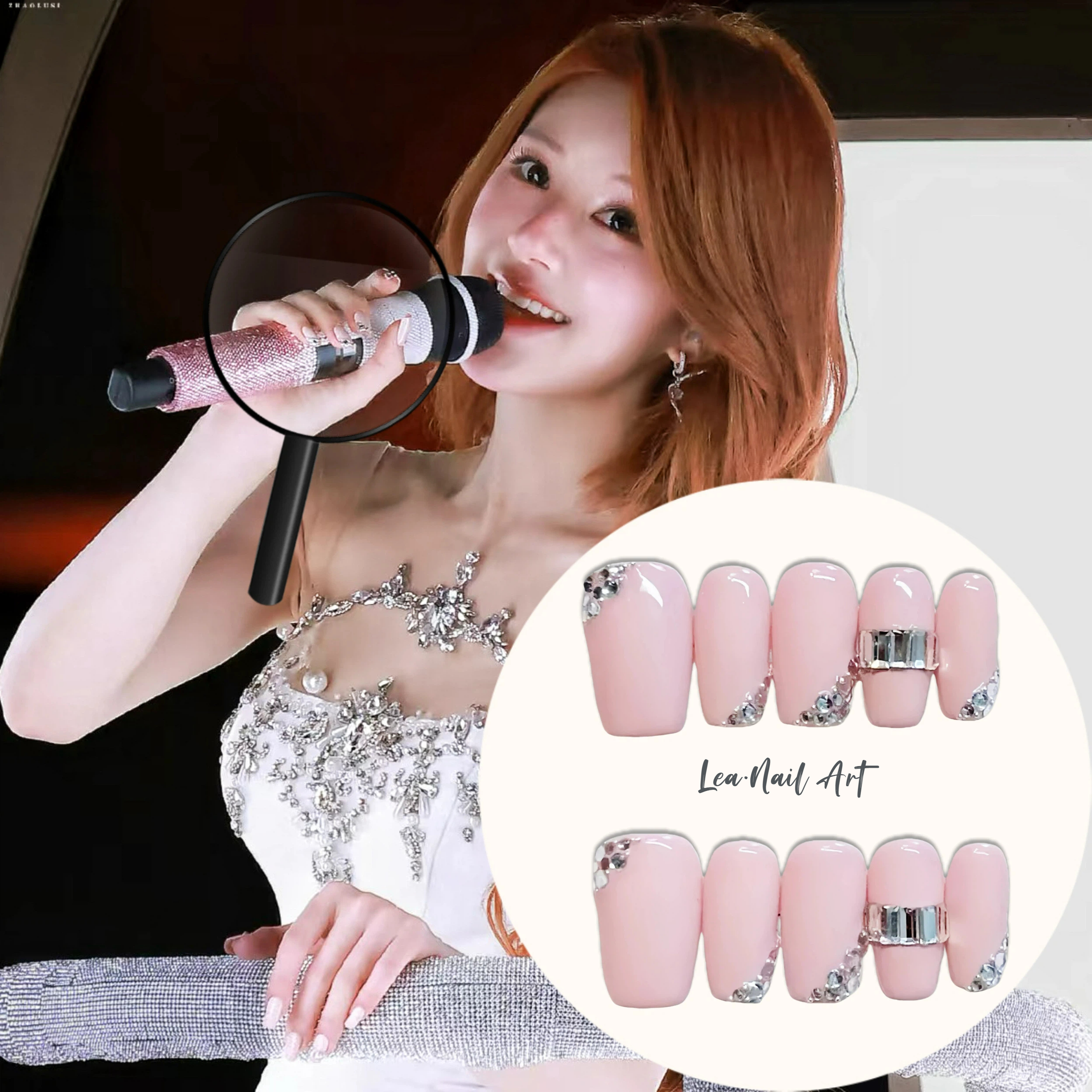 赵露思同款｜皮粉色拼钻轻柔高品质高级感小众显白手工穿戴甲短款