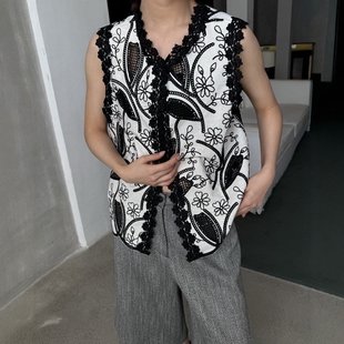 摩登mdeng197复古风镂空钩花马甲女2025春款时尚亚麻无袖上衣J980