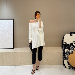 新款 T恤女2026春季 2F056 一字肩宽松型休闲长袖 摩登mdeng197飘带款