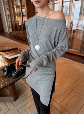 摩登mdeng197一字肩斜裁边T恤女2026春季新百搭休闲长袖上衣2F057