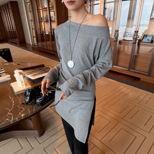 摩登mdeng197一字肩斜裁边T恤女2026春季新百搭休闲长袖上衣2F057