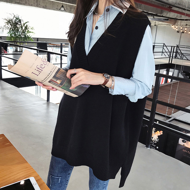 韩国2025秋季V领针织羊毛马甲女中长款百搭无袖宽松外穿通勤背心