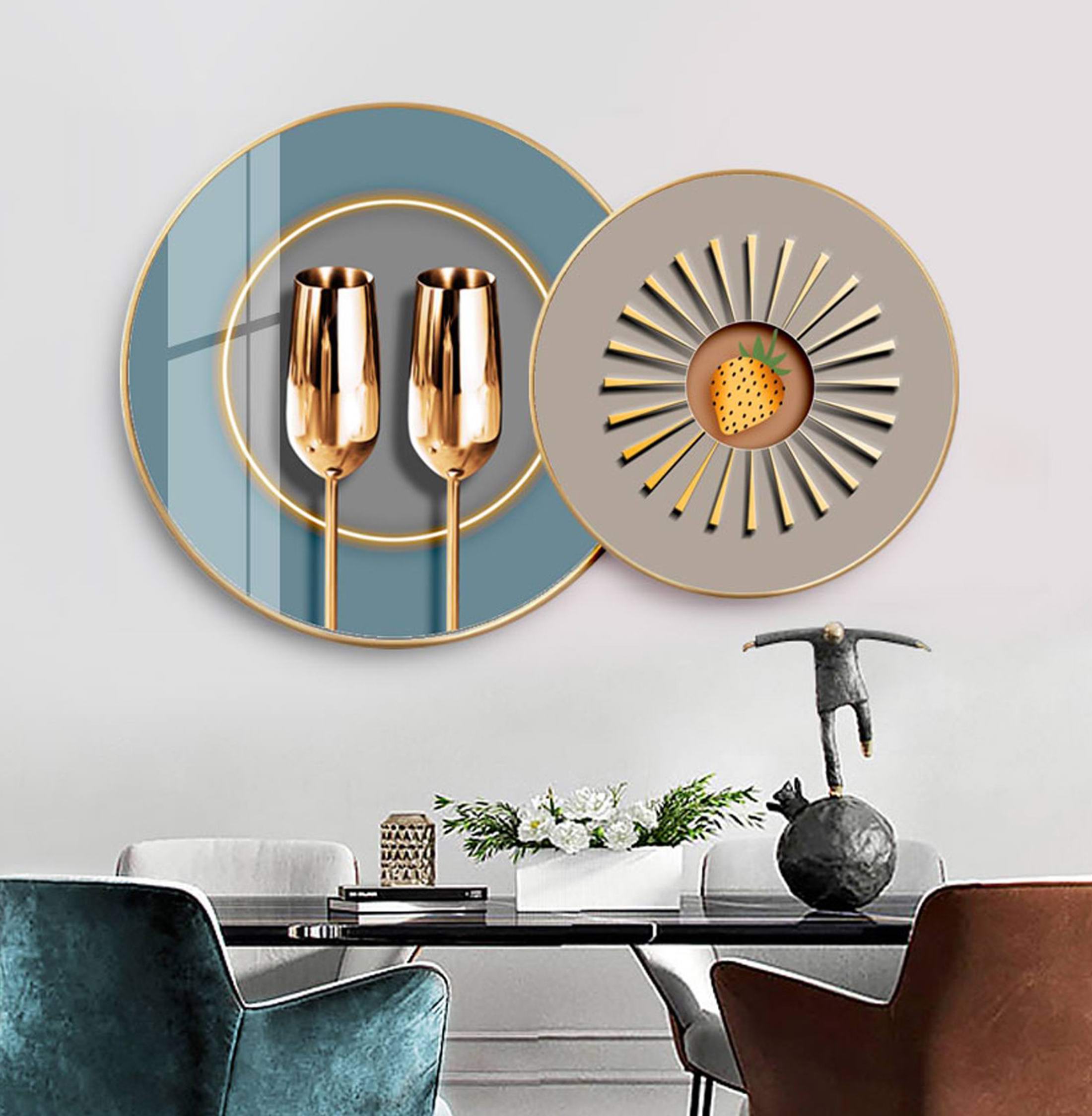 新中式餐厅装饰画简约大气饭厅餐桌背景墙挂画圆形背景墙