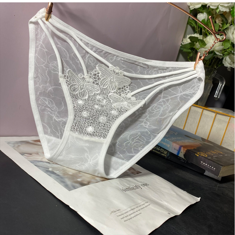 性感交叉蝴蝶点缀低腰女生三角裤 透明网纱玫瑰花暗纹简约内裤