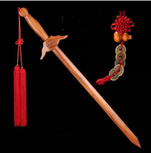 桃木剑带剑架七星八卦道士剑摆件