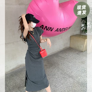 短袖 t恤裙子 基础显瘦收腰过膝长款 曾小咸女装 连衣裙2023新款 夏季