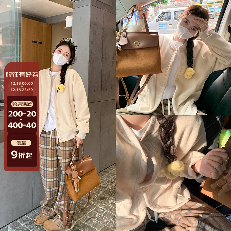 曾小咸韩版杏色圆领长袖卫衣外套女秋冬休闲百搭小个子修身三件套