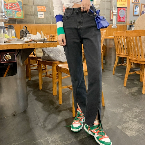 Черные джинсовые джинсы, приталенные осенние штаны, высокая талия, коллекция 2023, свободный прямой крой