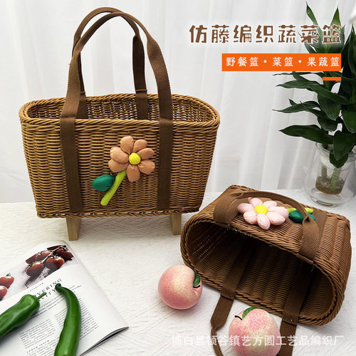 仿藤编织手提买菜篮子 户外水果采摘手提篮编织便捷野餐收纳篮