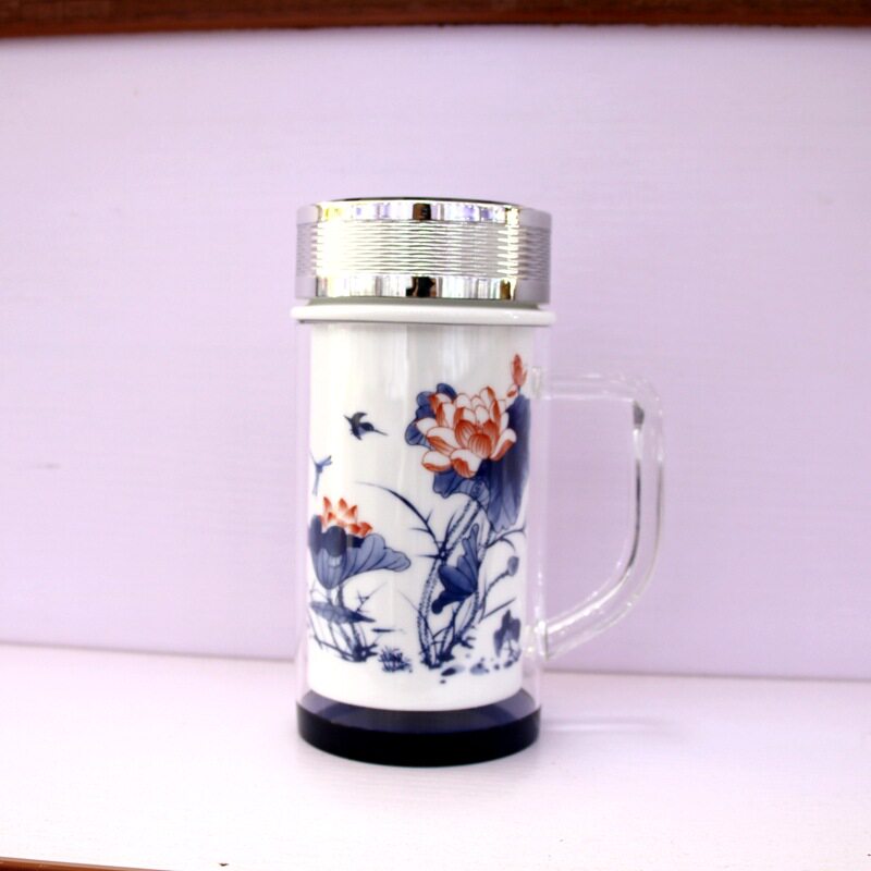 景德镇陶瓷茶杯双层带手柄全陶瓷内胆保温杯办公杯会议杯礼品定制
