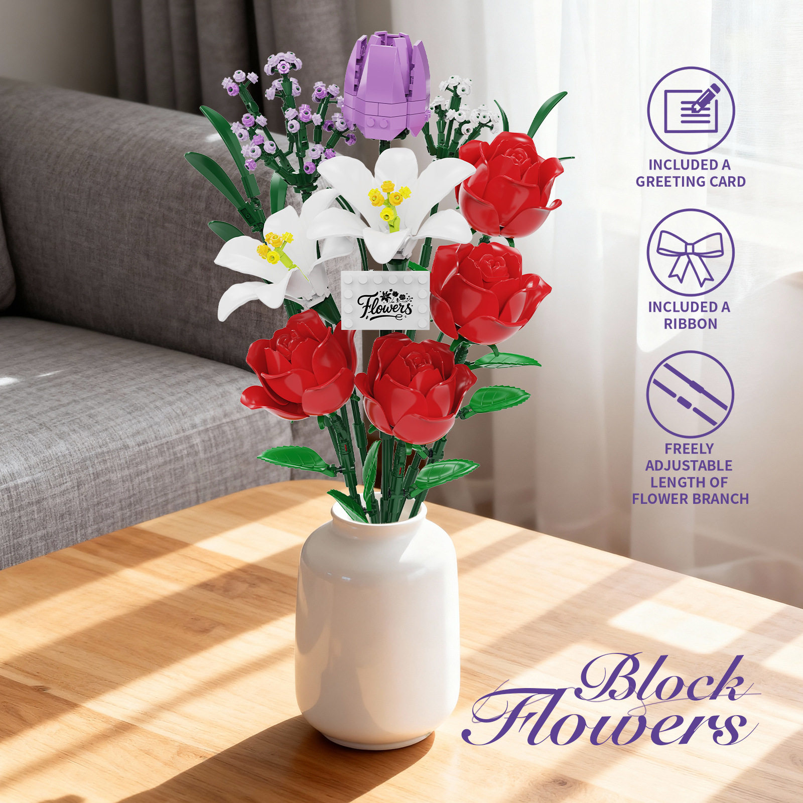 中国积木玫瑰花束拼装永生花女孩教师节DIY插花立体拼图生日礼物