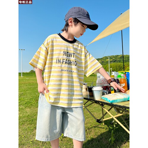 韩国AS品牌男童夏装套装2026新款条纹短袖牛仔短裤两件套儿童夏季