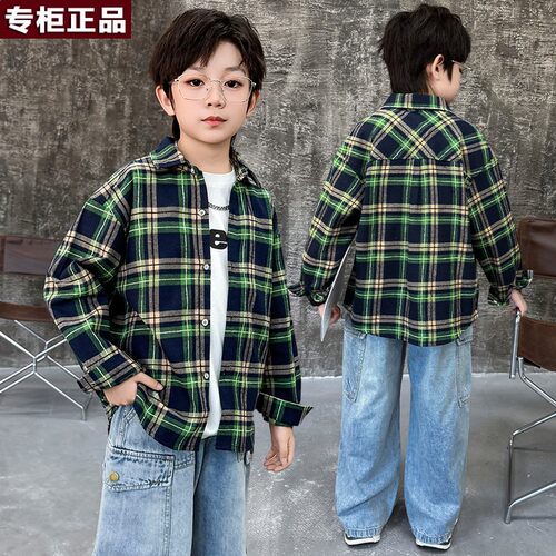 韩国AS品牌男童格子衬衫春秋款2026新款儿童春秋款洋气格子衬衣中