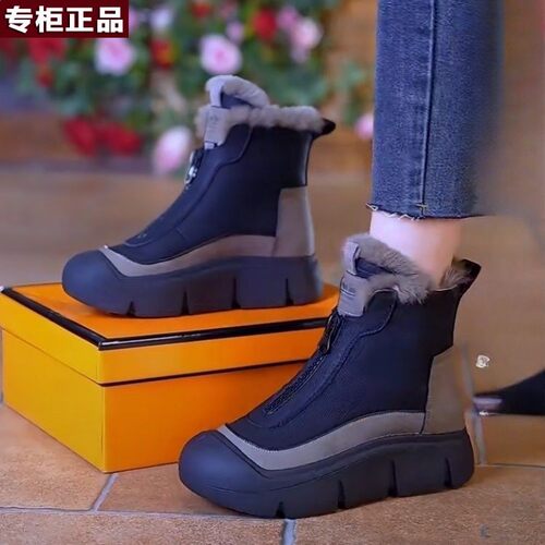 品牌乔舟拉链雪地靴女2026秋冬新款加绒保暖皮靴时尚休闲厚底棉靴