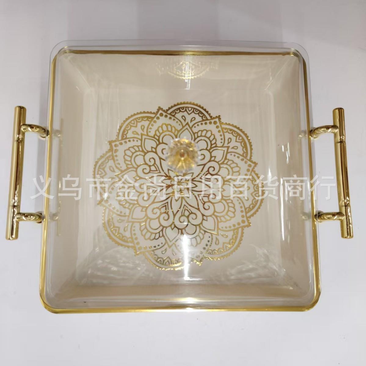 Square golden European-style carved fruit and dessert tray,