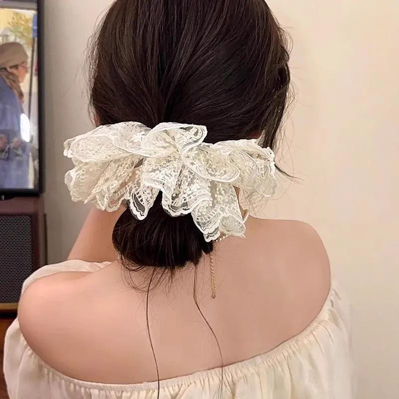Double-layer lace hair scrunchie, French-style white large g