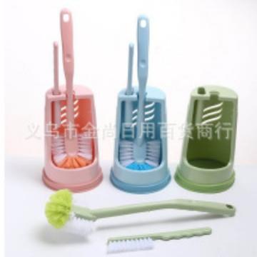 Dual-head toilet brush set with base, plastic long handle to