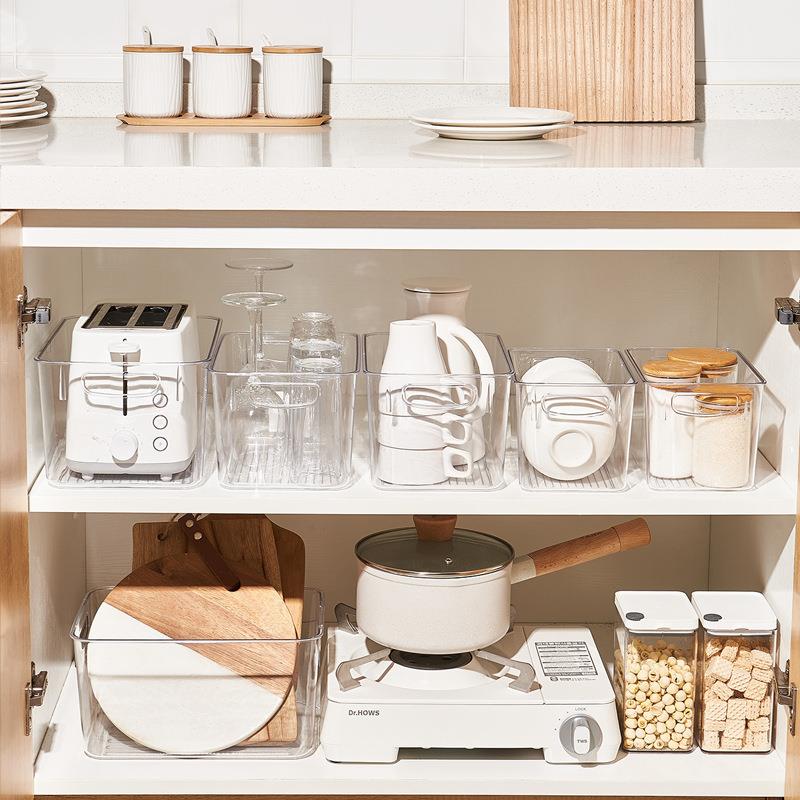 Desktop skincare products, kitchen cabinet drawers, refriger