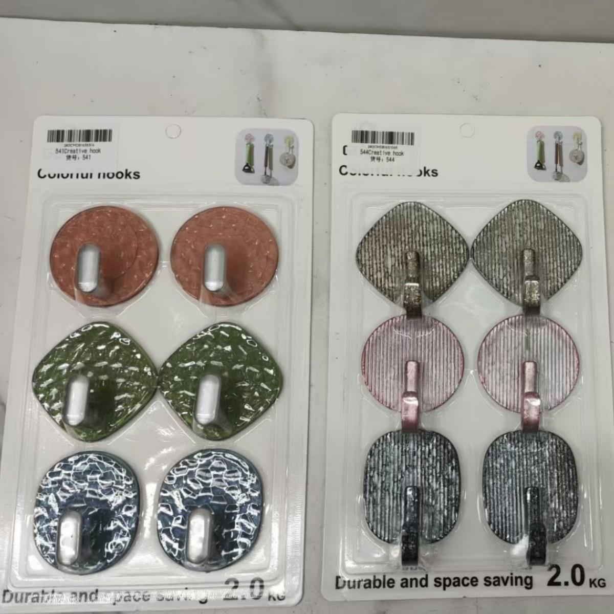 Multiple styles of no-drill adhesive hooks for bathroom and