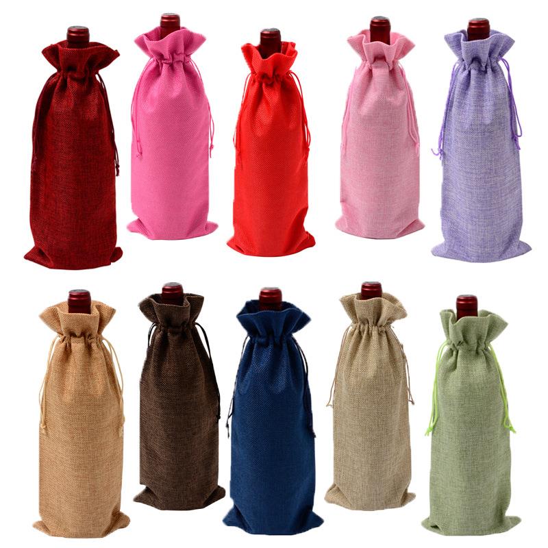 10pc 15*35cm Rustic Jute Burlap Wine Bags Drawstring Wine Bo