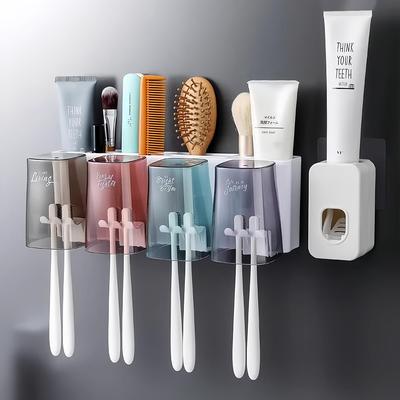 Wall-mounted toothbrush holder with cup, no drilling require