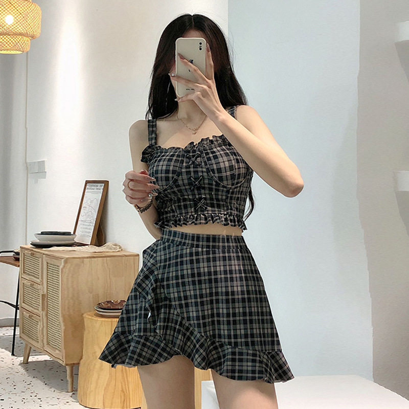 女式复古格子分体显瘦短裙泳衣