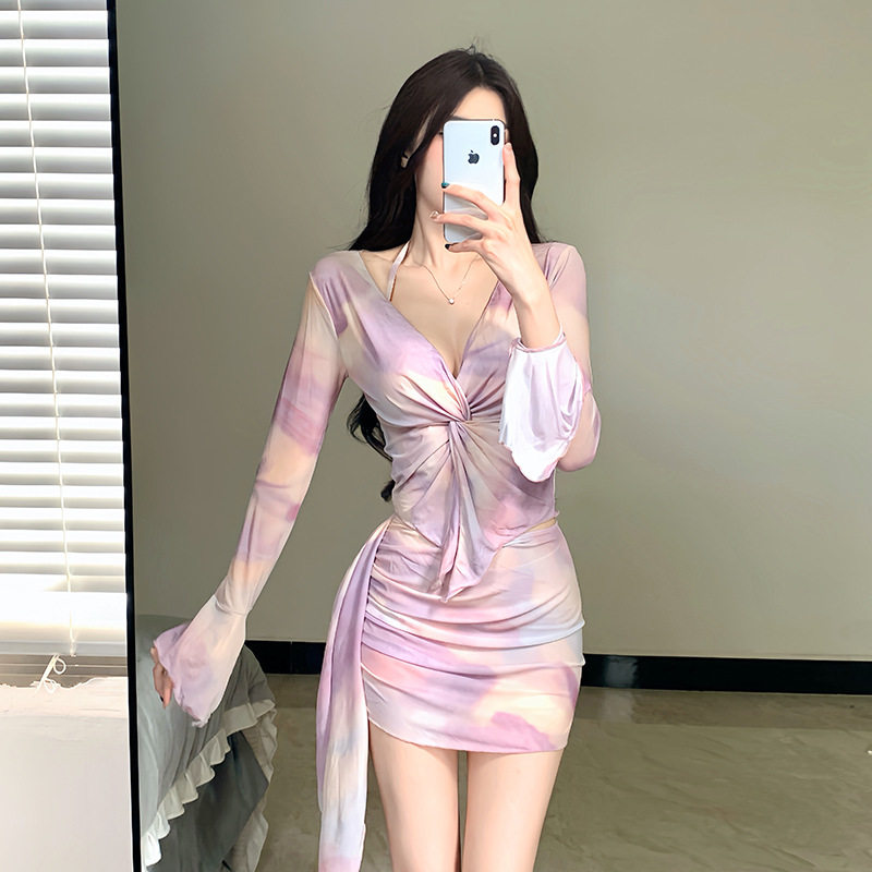 新款性感分体裙式比基尼四件套游泳衣遮肉显瘦小胸聚拢海边度假