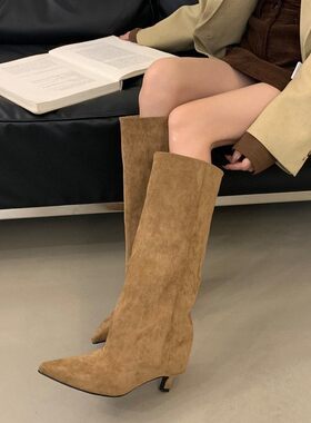 秋冬新款欧美低跟尖头高筒靴舒适百搭细跟中跟宽筒靴子