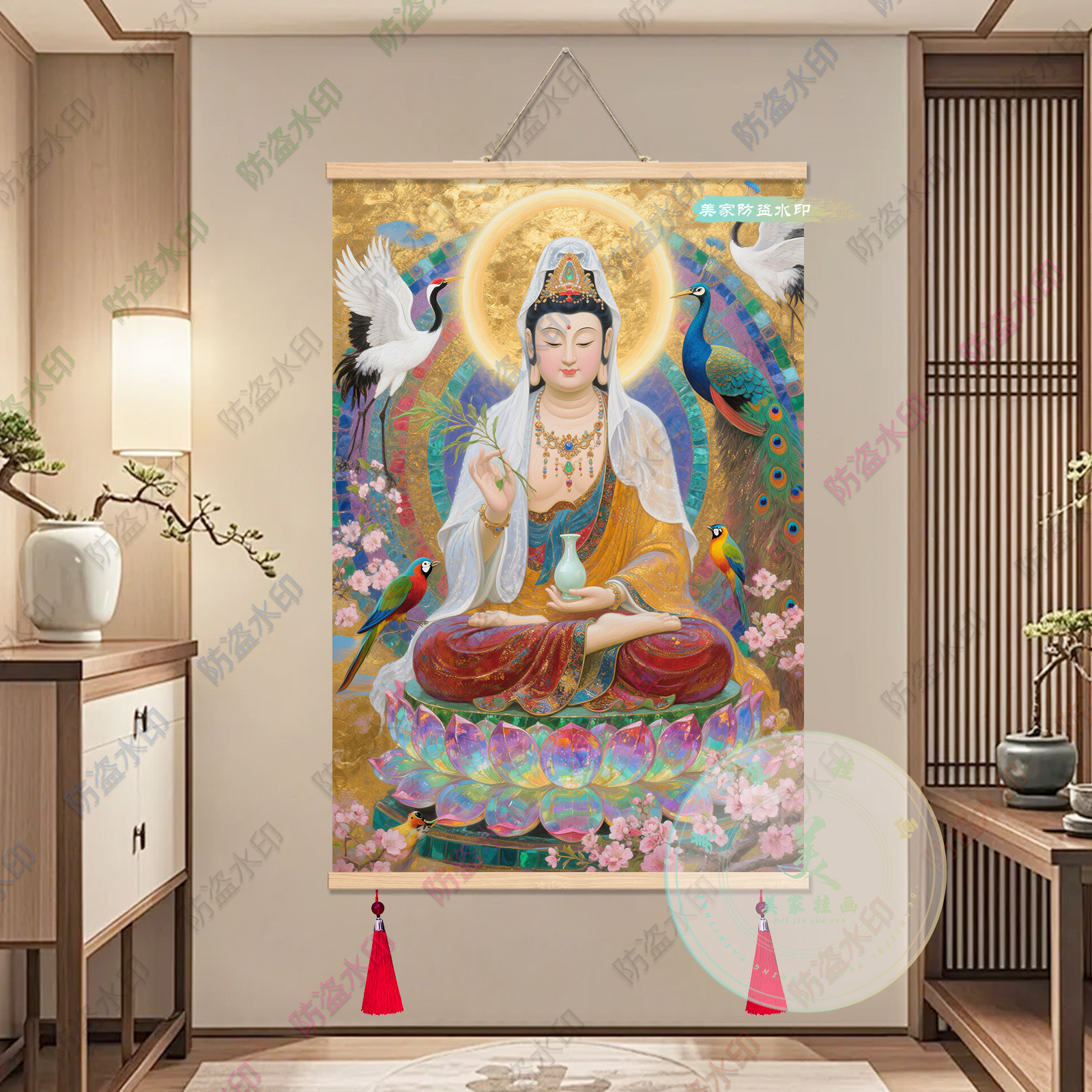 观音菩萨佛像装饰画中式客厅玄关挂画木质无框壁画