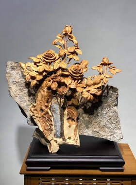 天然崖柏根抱石月季花玫瑰花相亲相爱实木根雕家居玄关艺术品摆件