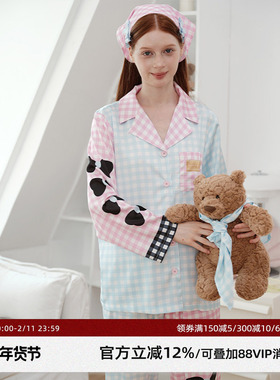 RooMance汝曼司 原创粉蓝甜格蝴蝶结印花睡衣女绸缎家居服可外穿