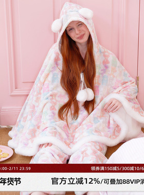 RooMance汝曼司 原创绒绒边软糖小熊印花厚法兰绒连帽保暖斗篷女