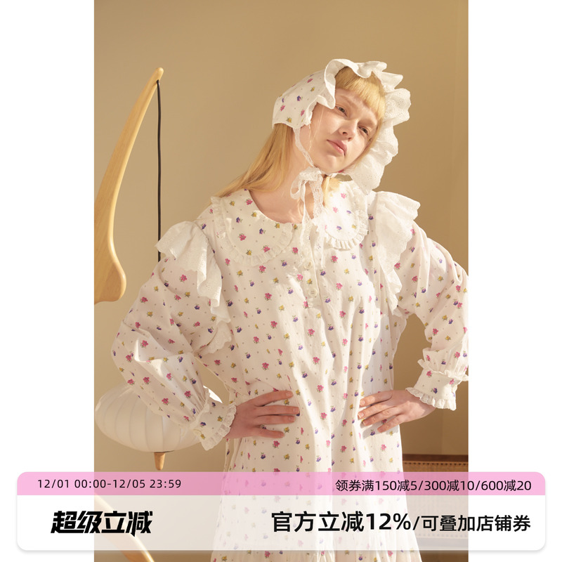 汝曼司原创法式纯棉长系带睡裙