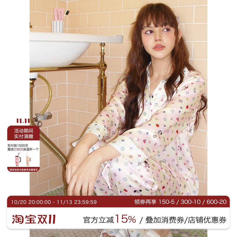 RooMance汝曼司元气狗狗印花冰丝长袖睡衣女款秋春外穿家居服